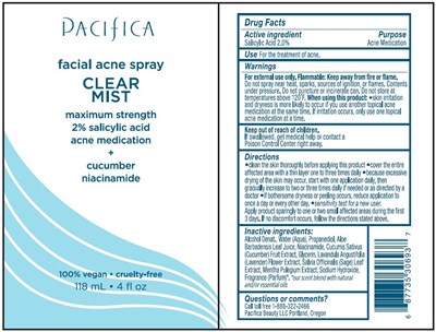 Pacifica Facial Acne Spray Clear Mist Label (Pacifica Facial Acne Spray Clear Mist)